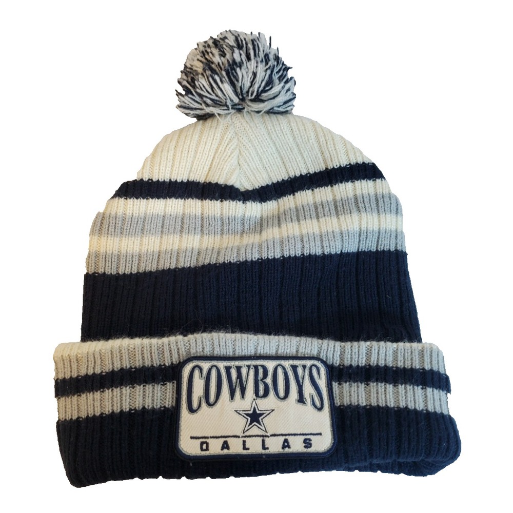 Dallas Cowboys Logo Patch Cuffed Pom Knit Winter Beanie Hat NFL Team Apparel‎